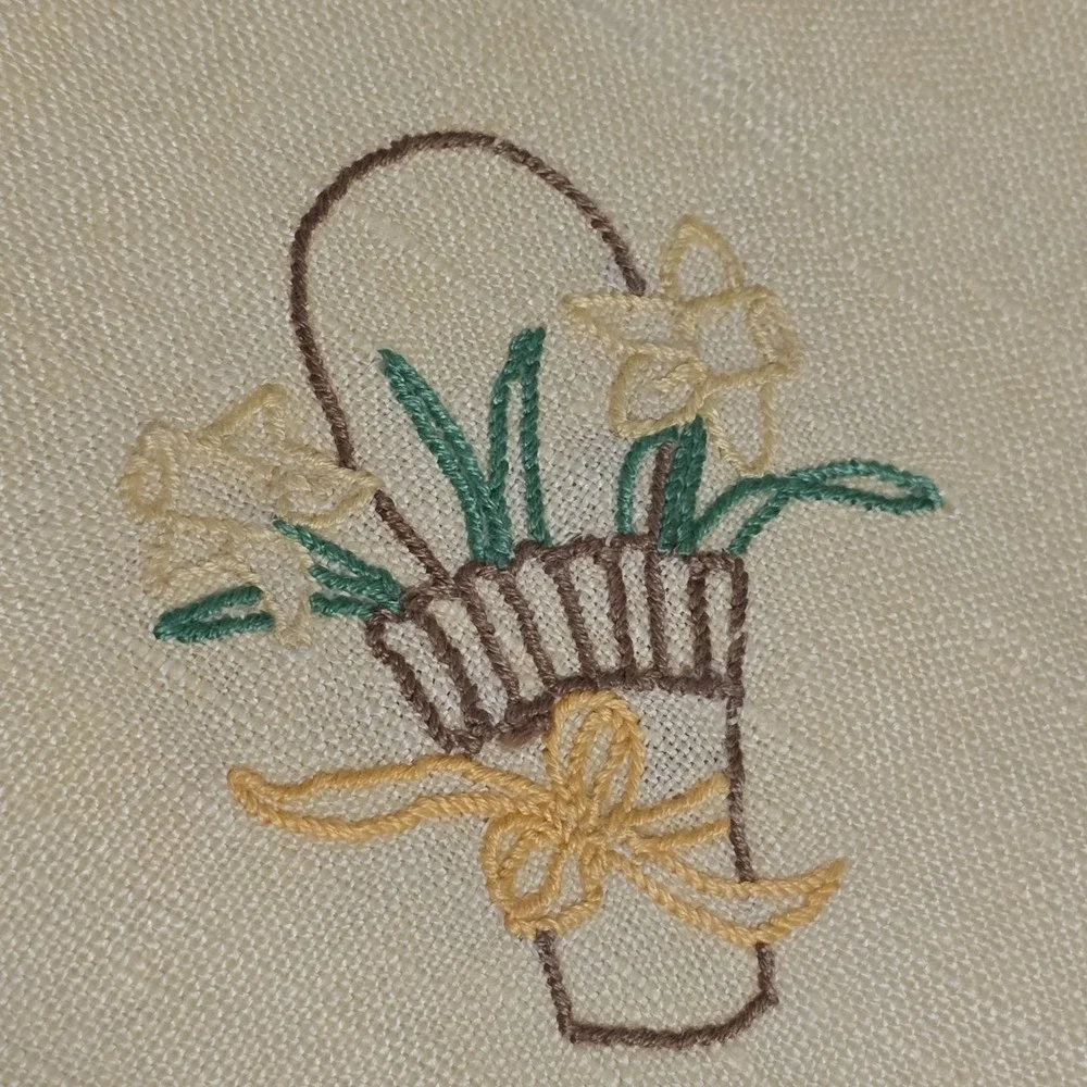 VTG Hand‎ Embroidered Linen Napkins Set of 4 Yellow Floral Basket Crochet Trim
